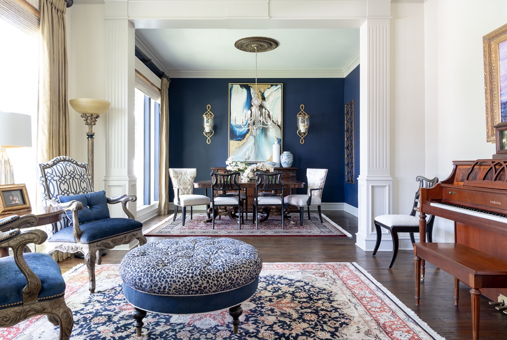 Traditional Home. Traditional dining room with custom upholstered chairs, refined finishes, and timeless Dallas interior design