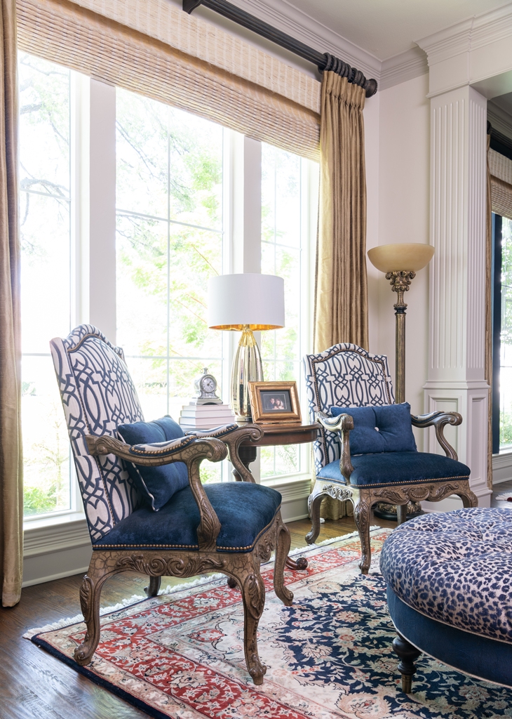 Traditional dining room with custom upholstered chairs, refined finishes, and timeless Dallas interior design