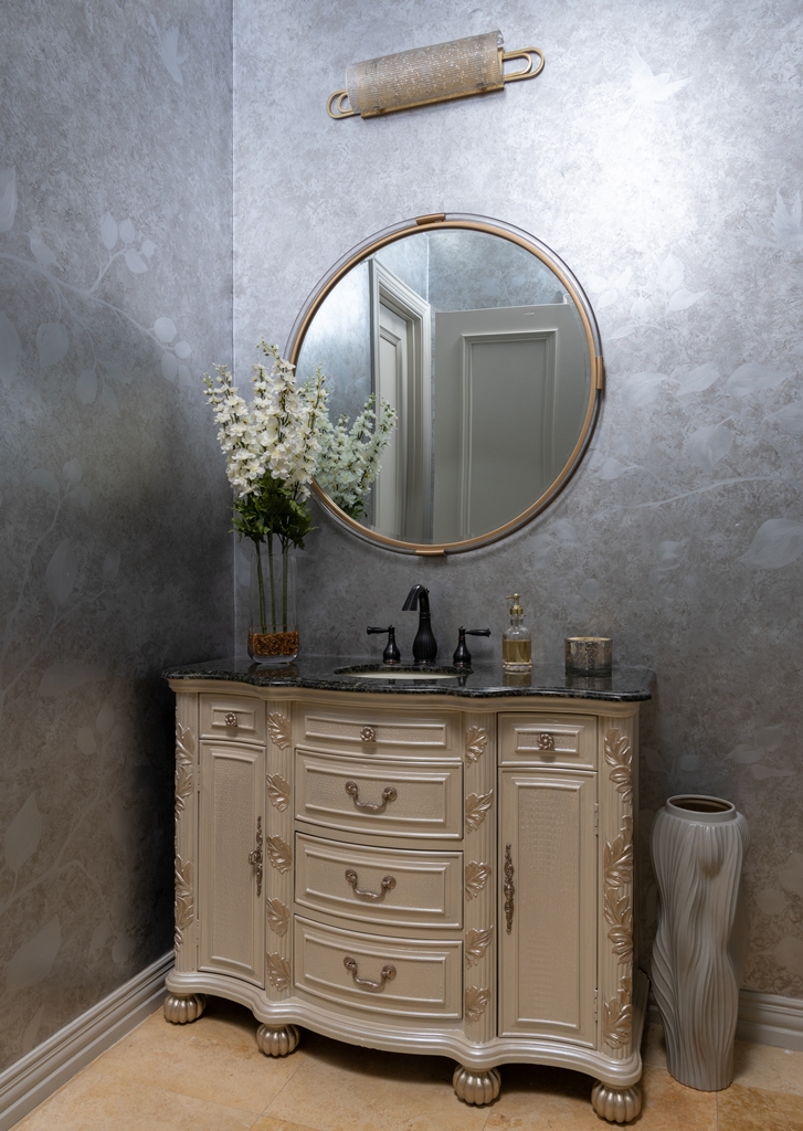 Stylish Dallas powder room with traditional design and neutral color palette