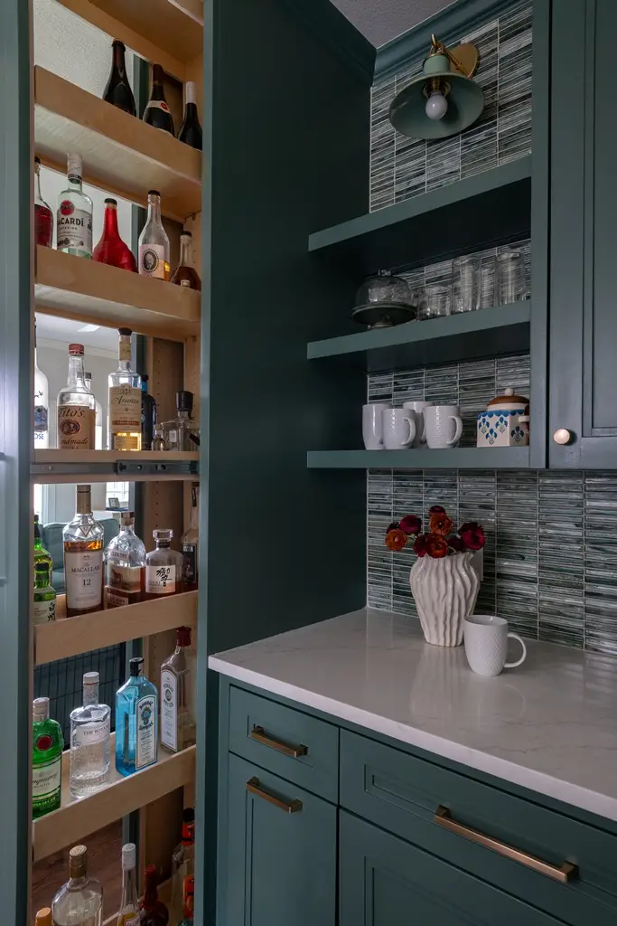 Sage Brush Family Home Remodel: The Making Of A Home | Twilly &Amp; Fig Family Room And Kitchen Connection With Beverage Center With Sliding Storage Doors And Layered Neutral Textures