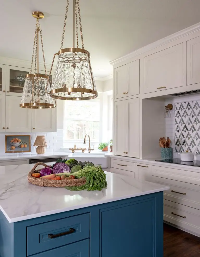 Sage Brush Family Home Remodel: The Making Of A Home | Twilly &Amp; Fig Jewel-Tone Range Wall With Green And White Marble Mosaic Backsplash And Beveled Tile Surround