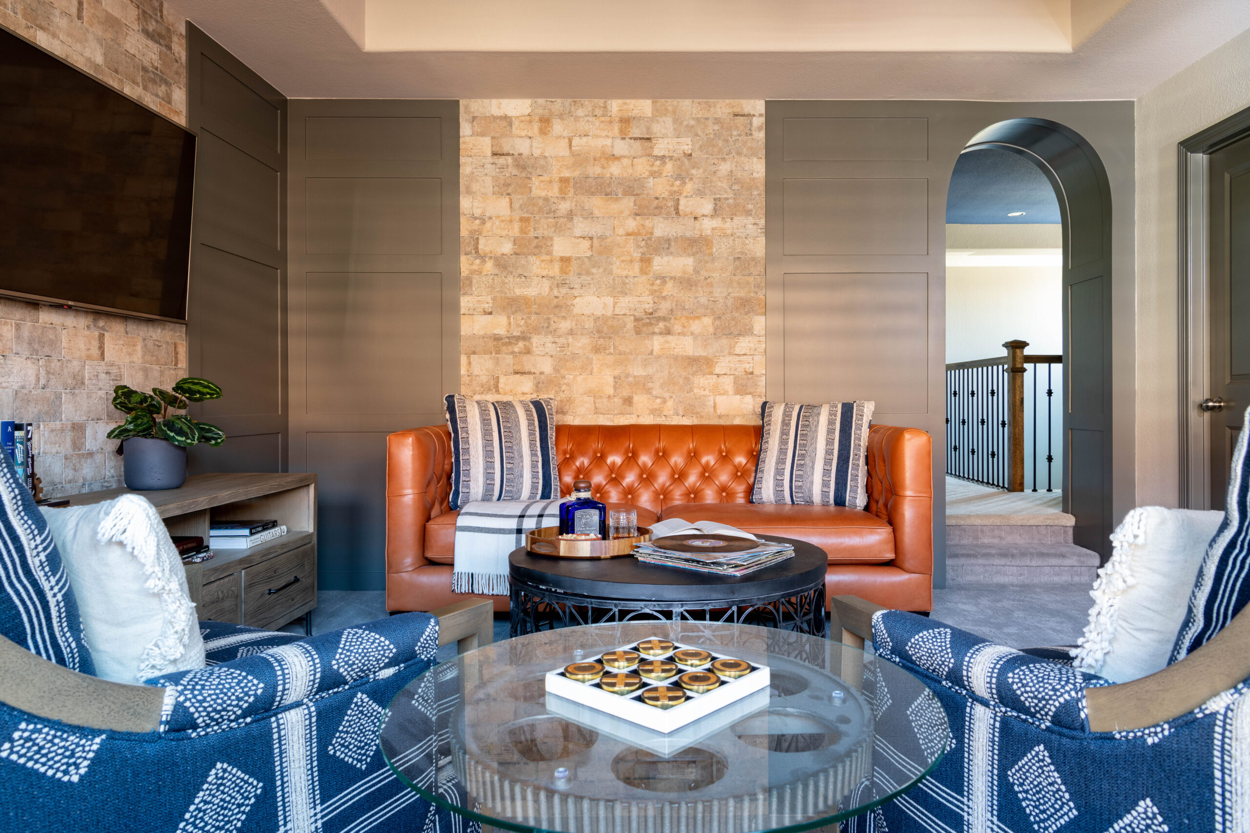Family Room With Texture, Pattern, And Fall Hues.