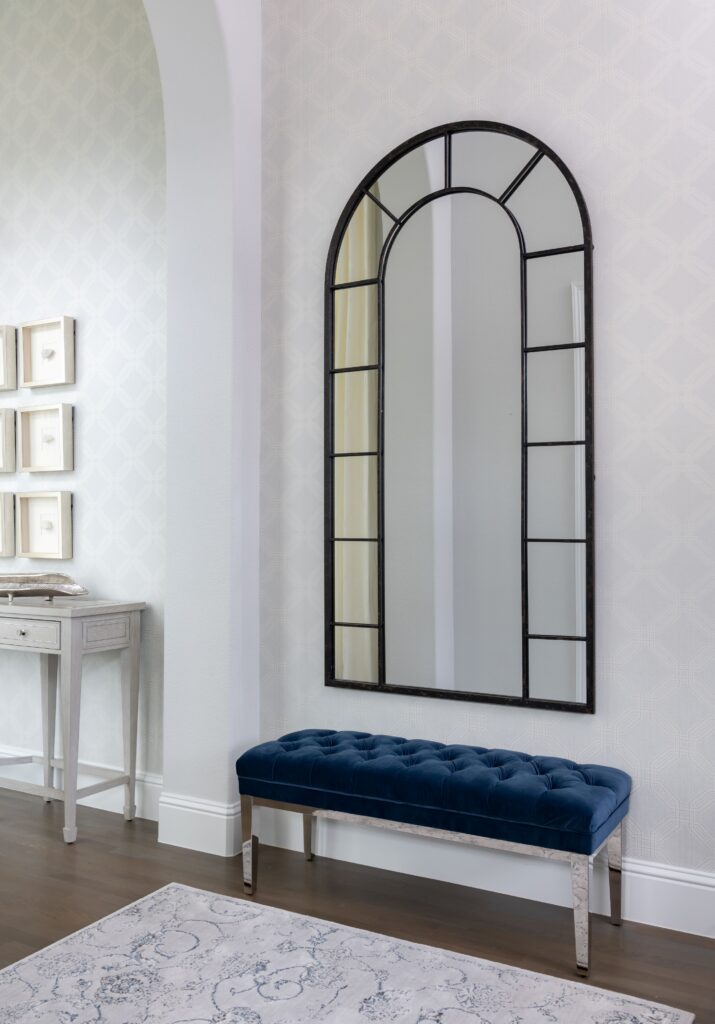 Foyer With Tone-On-Tone Wallpaper And Navy Bench – Transitional Interior Design Frisco Tx