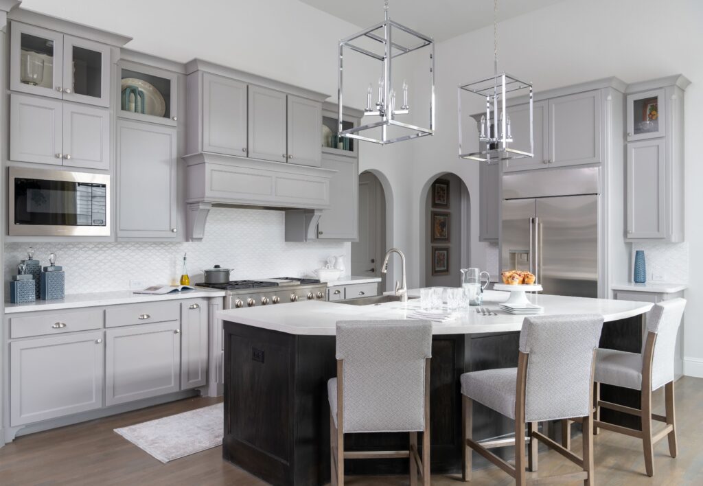 New Construction Kitchen Design With Gray Cabinetry And Stained Island – Transitional Interior Frisco