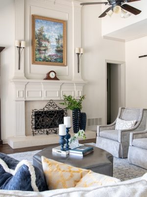 Traditional Dallas living room design with neutral palette and custom furnishings by Twilly & Fig.
