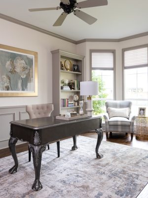 Traditional Dallas study with custom-built furniture and timeless neutral design by Twilly & Fig